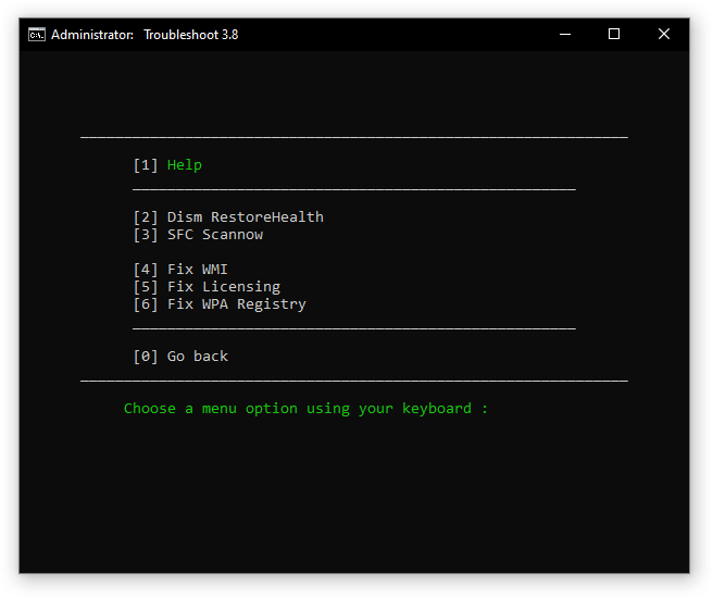 MAS troubleshooting menu