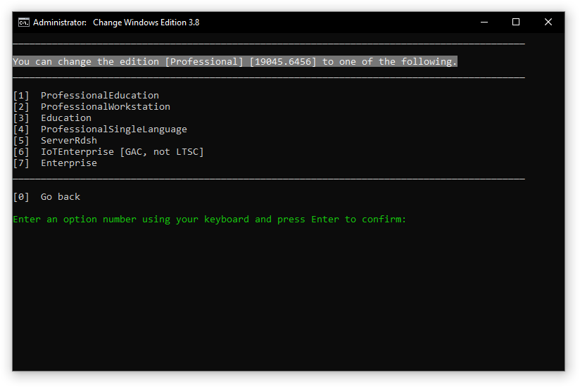 MAS Windows edition change menu