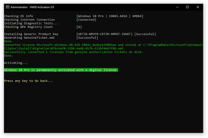 MAS HWID activation menu screenshot